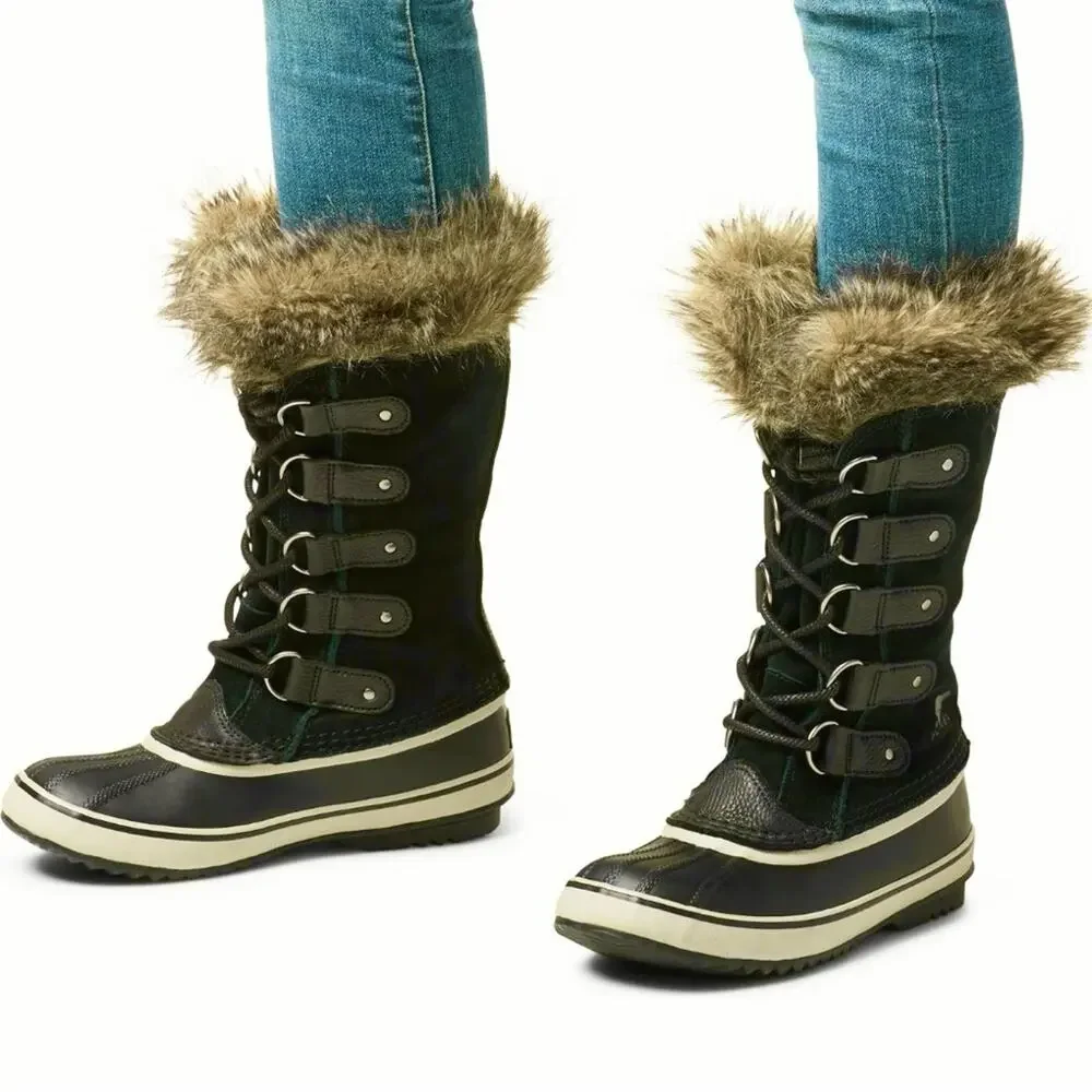 Sorel Joan of Arctic Waterproof Boots 8 Black Quarry Suede Faux Fur Lace Up Snow